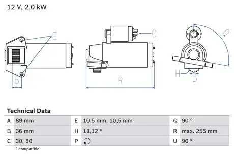 Стартер (12В, 2кВт) Citroen Jumper Fiat Ducato Ford Tourneo Custom, Transit,Peugeot Boxer 2.2D/2.4D/3.2D 04.06- BOSCH 0 986 021 810