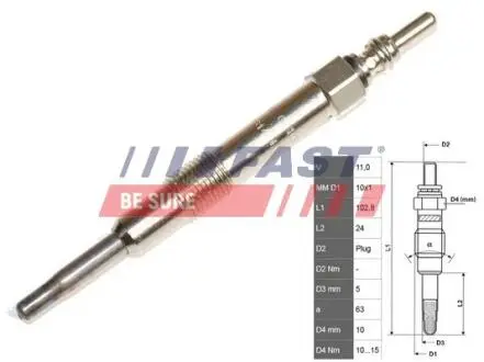 Свічка розжарювання 11V Fiat Doblo, Punto, Marea 1,9/2,4JTD 98- FAST FT82703