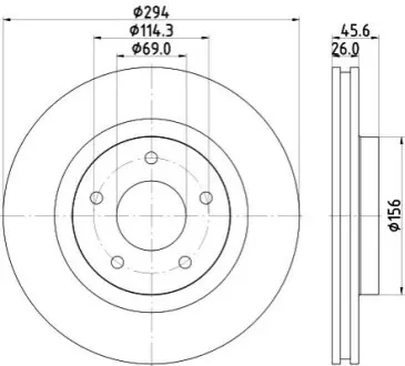 Гальмівний диск перед. Jeep Compass, Patriot 07-13 Dodge Avenger 08-13, Caliber 07-12, Chrysler Sebring 07-10 Mitsubishi Outlander 07-12, Lancer GT, GTS 08-13 HELLA 8DD 355 115-911
