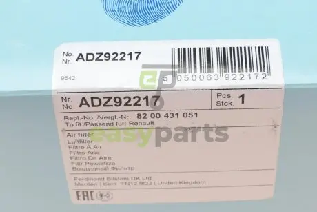 Фільтр повітряний Renault Megane 1.4i/Trafic 2.0i BLUE PRINT ADZ92217