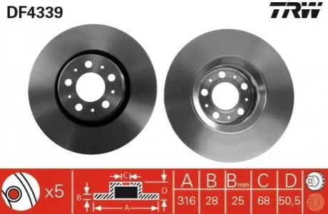 Гальмівний диск перед. Volvo S60 00-10/XC90 02-14 TRW DF4339