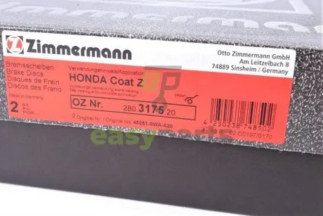 Диск гальмівний (передній) Honda CR-V III-IV 2.0-2.2D-2.4 07- (293x28) (з покриттям) (вентильований) ZIMMERMANN 280317520