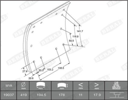 Накладки тормозные WVA19036 необходимы заклепки: 6,35x14,3 L9 96шт BERAL KBL19036.1-1560