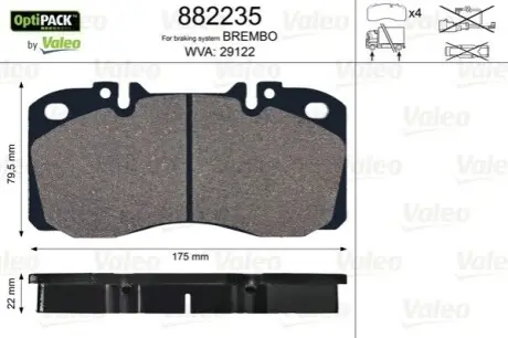 Колодки тормозные, WVA29122;175x79,5x22, без датчика износа Valeo 882235