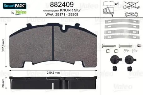 Колодки гальмівні 210,2x107, 8x30 без поперечної пластини Valeo 882409