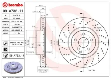 Гальмівний диск пер. W221 06-13 BREMBO 09.A732.11