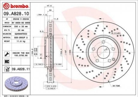Тормозной диск вентилируемый BREMBO 09.A828.11