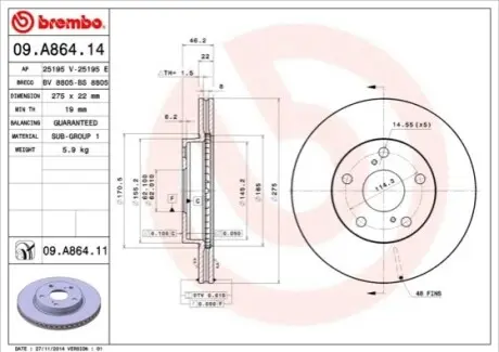 Гальмівний диск пер. Corolla/Auris 08-18 BREMBO 09.A864.14