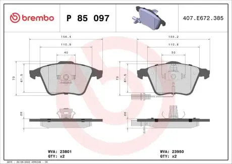 Гальмівні колодки дискові перед, Audi A4 1.6-3.2FSi/A6 III/A6 Quattro III 4.2 04- /T-5 BREMBO P85097