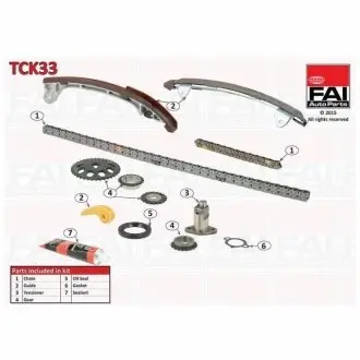 TOYOTA К-кт ланцюга ГРМ (2 ланцюга+ 3 шт. направляючі+ натягувач + 4 шестерні + сальник + герметик + прокладка) Avensis 2.0 00- FAI TCK33