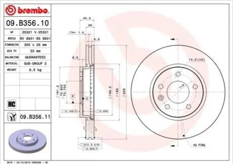 Гальмівний диск пер. Zafira/Ampera/Zafira/Astra/Orlando/Cruze/Volt 09- BREMBO 09.B356.11