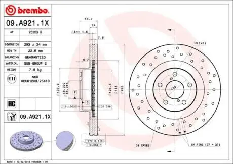 Гальмівний диск пер. BRZ/Forester/Impreza/Legacy/Outback (09-21) BREMBO 09.A921.1X