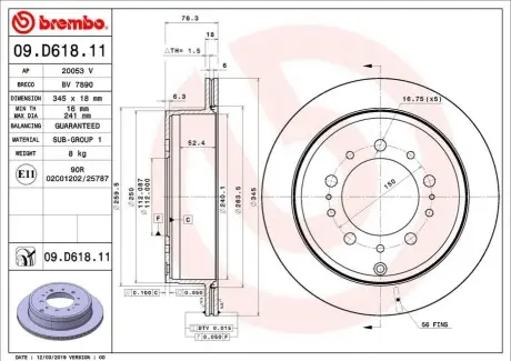 Гальмівний диск зад. LAND CRUISER 200 07- BREMBO 09.D618.11