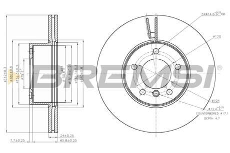 Тормозной диск перед. BMW 1 (F20/F21)/3 (E90/F30/F80)/X1 (E84) 04- (312x24) BREMSI CD7717V