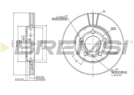Тормозной диск перед. Golf 97-06/Bora 99-05/Octavia 97-10 (256x22) BREMSI CD6927V