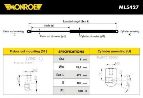 VOLVO газовий амортизатор багажника XC90 10/02- MONROE ML5427 (фото 1)