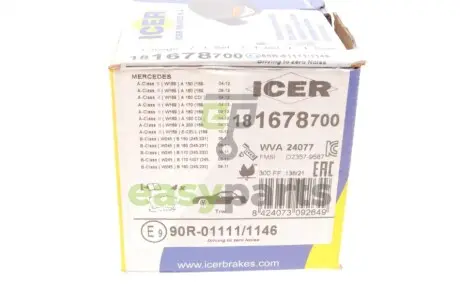 Колодки гальмівні (передні) MB A-class (W169) 04-12/B-class (W245) 05-11 (+датчики) ICER 181678-700