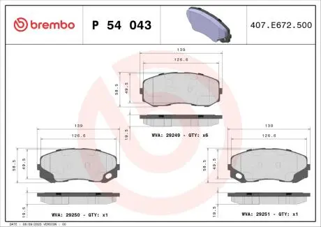 Фото комплект тормозных колодок, дисковый тормоз BREMBO P54 043 Комплект тормозных колодок, дисковый тормоз BREMBO P54 043