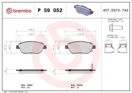 Комплект тормозных колодок, дисковый тормоз BREMBO P59 052