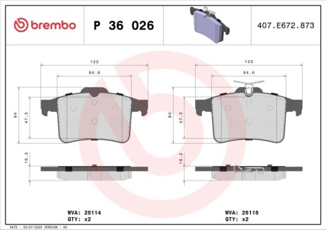 Комплект тормозных колодок, дисковый тормоз BREMBO P36 026