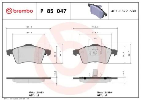 Комплект тормозных колодок, дисковый тормоз BREMBO P85 047
