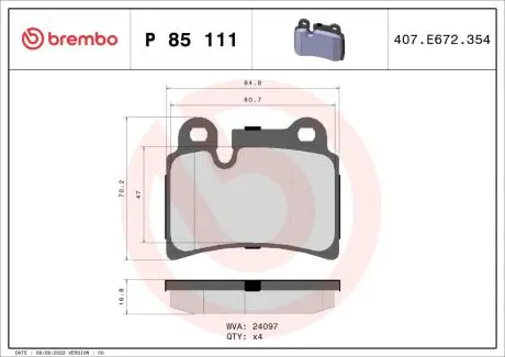 Фото комплект гальмівних колодок, дискове гальмо BREMBO P85 111 Комплект гальмівних колодок, дискове гальмо BREMBO P85 111
