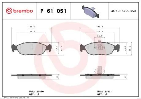 Комплект тормозных колодок, дисковый тормоз BREMBO P61 051