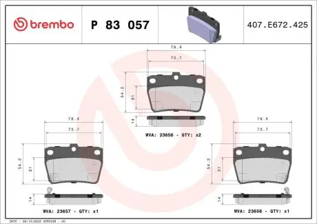 Комплект тормозных колодок, дисковый тормоз BREMBO P83 057