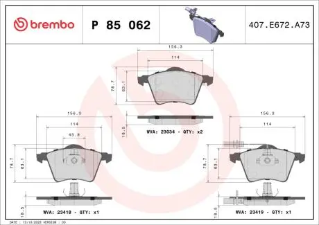 Комплект тормозных колодок, дисковый тормоз BREMBO P85 062