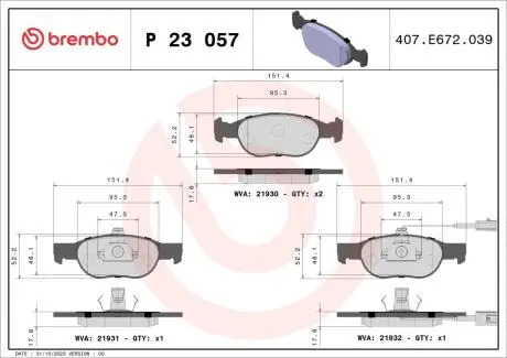Комплект тормозных колодок, дисковый тормоз BREMBO P23 057
