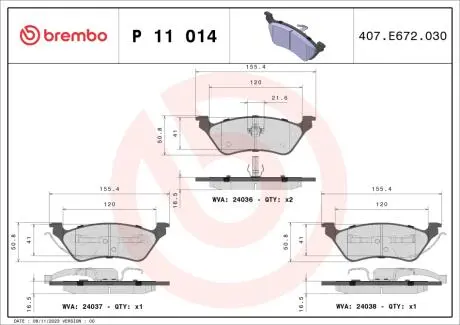 Комплект тормозных колодок, дисковый тормоз BREMBO P11 014