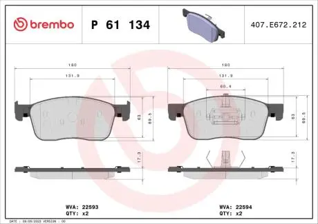 Гальмівнi колодки дискові BREMBO P61 134