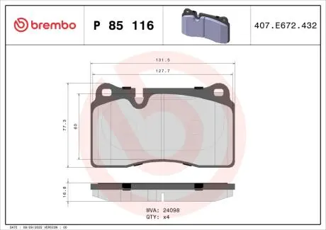 Комплект тормозных колодок, дисковый тормоз BREMBO P85 116