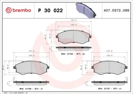 Тормозные колодки дисковые BREMBO P30 022