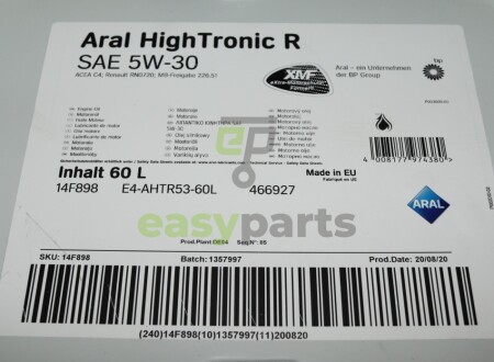 Олива 5W30 High Tronic R (60L) (MB 226.51/Renault RN0720) ARAL AR-14F898