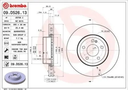 Гальмівний диск пер. MB C-CLASS W205 14-/E-CLASS W213 16- BREMBO 09.D526.13