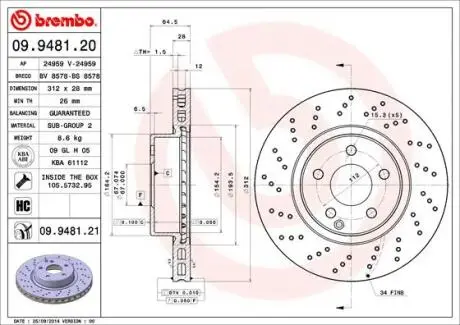 Фото тормозной диск BREMBO 09.9481.21 Тормозной диск BREMBO 09.9481.21