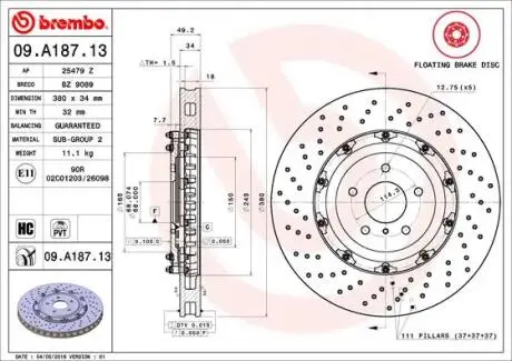Фото тормозной диск BREMBO 09.A187.13 Тормозной диск BREMBO 09.A187.13