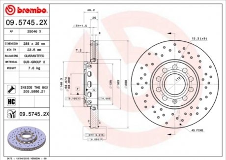 Тормозной диск BREMBO 09.5745.2X (фото 1)