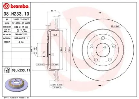 Гальмівний диск зад. Jeep Grand Jerokee 10- BREMBO 08.N233.11