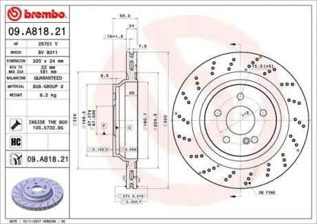 Фото тормозной диск BREMBO 09.A818.21 Тормозной диск BREMBO 09.A818.21