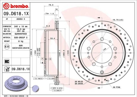 Гальмівний диск зад. LAND CRUISER 200 07- BREMBO 09.D618.1X