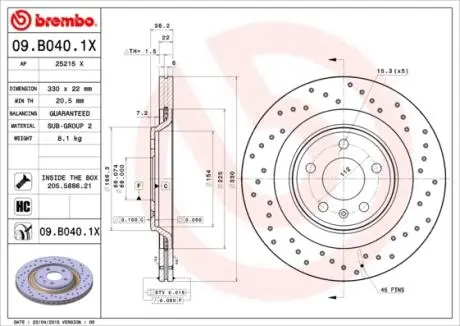 Тормозной диск BREMBO 09.B040.1X