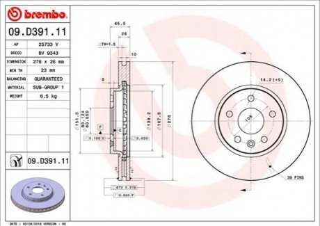 Гальмівний диск BREMBO 09.D391.11 (фото 1)