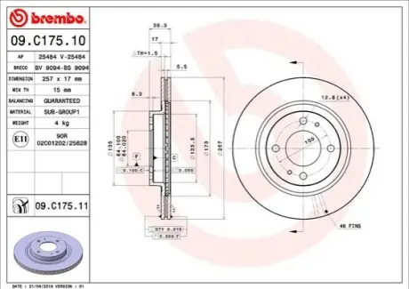 Фото диск гальмівний BREMBO 09.C175.11 Диск гальмівний BREMBO 09.C175.11