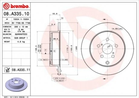Тормозной диск BREMBO 08.A335.11 (фото 1)
