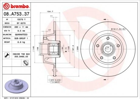 Тормозной диск BREMBO 08.A753.37