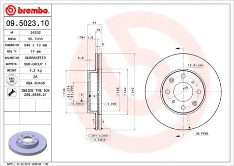Фото тормозной диск BREMBO 09.5023.10 Тормозной диск BREMBO 09.5023.10