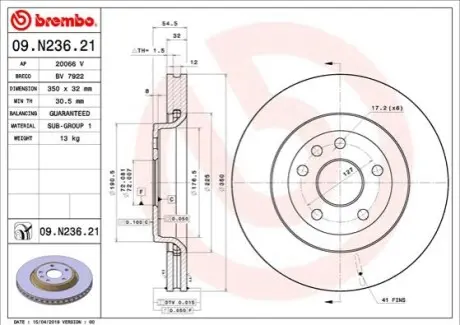 Гальмівний диск пер. Jeep Grand Cherokee 10- BREMBO 09.N236.21