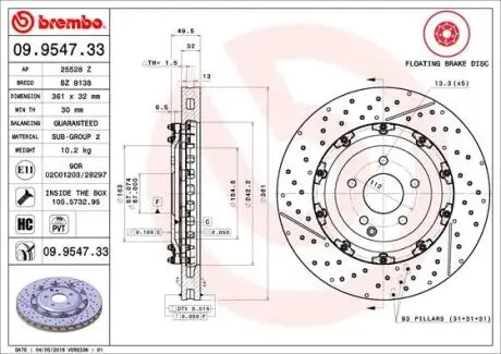 Фото тормозной диск BREMBO 09.9547.33 Тормозной диск BREMBO 09.9547.33
